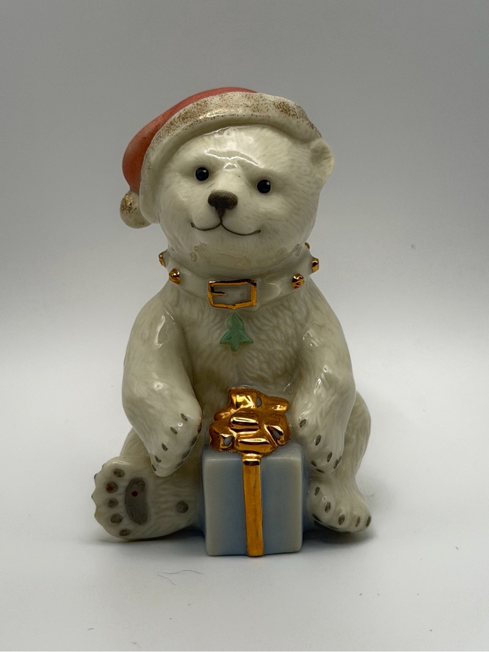 Lenox Polar Bear Christmas Figurine Santa Hat Gift Gold Accents Porcelain